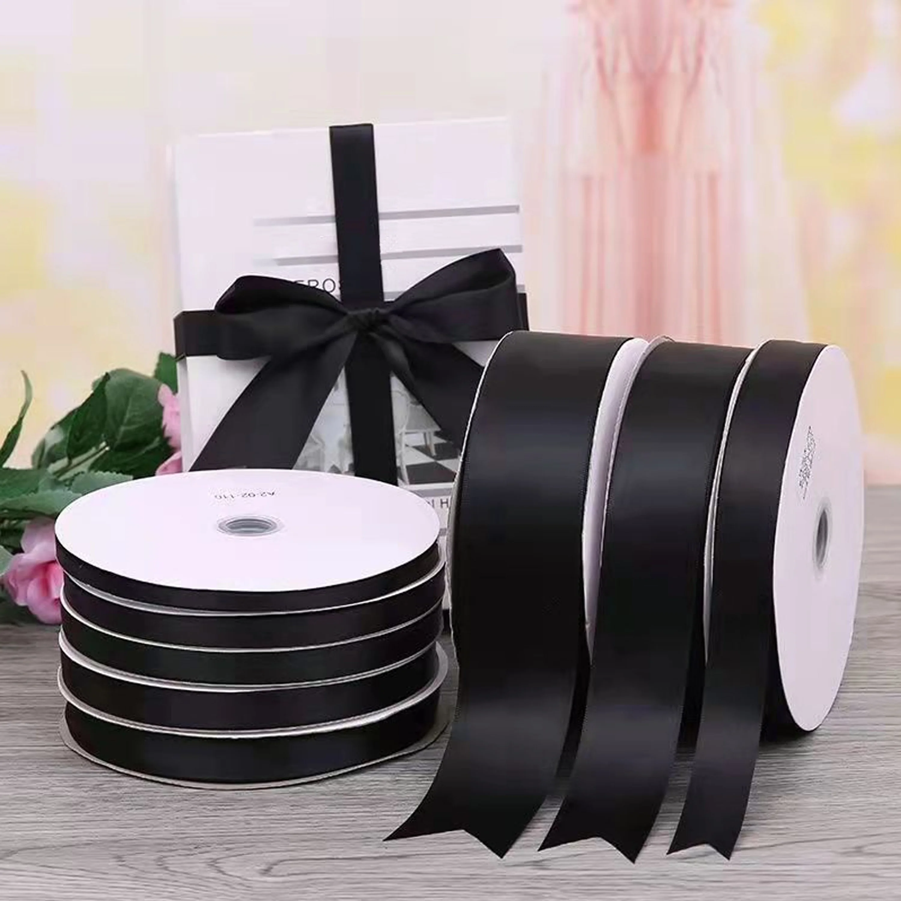 0.6cm 1cm 1.5cm 2.5cm 4cm*91mHigh Quality Ribbon Ribbon for Gift Decor DIY Black Ribbon  Flower Material Custom Gift Wrapping