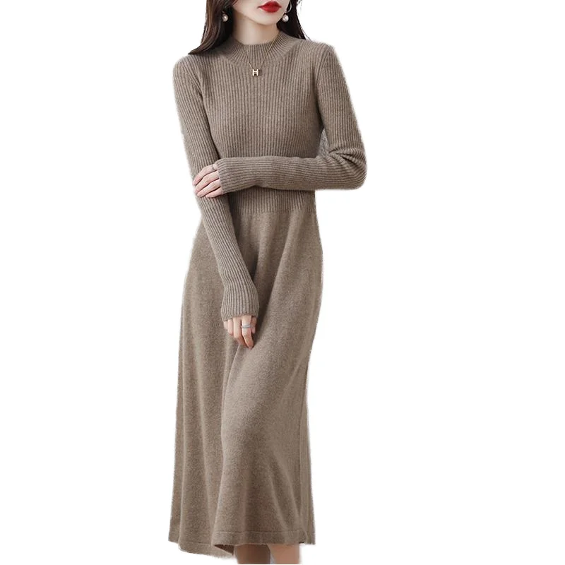 Women's Simple Casual A-Line Midi Dress Long Sleeve Knitwear with O-Neck Solid Color Sweater Dress for Autumn Winter Maxi Length