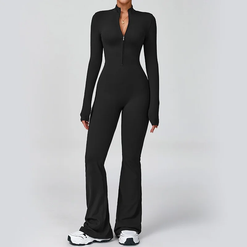 Zipper Breathable Solid 1-Piece Long Sleeve Yoga Jumpsuit High-Intensity Fitness Sports Bodysuit Fast Shipping Available
