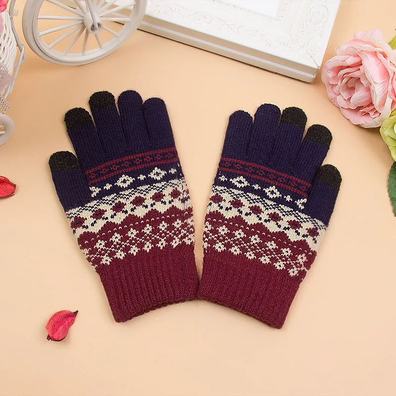 Wholesale New Arrival Custom Men and Women Touch Screen Gloves Winter Jacquard Knit Warm Full Finger Mittens