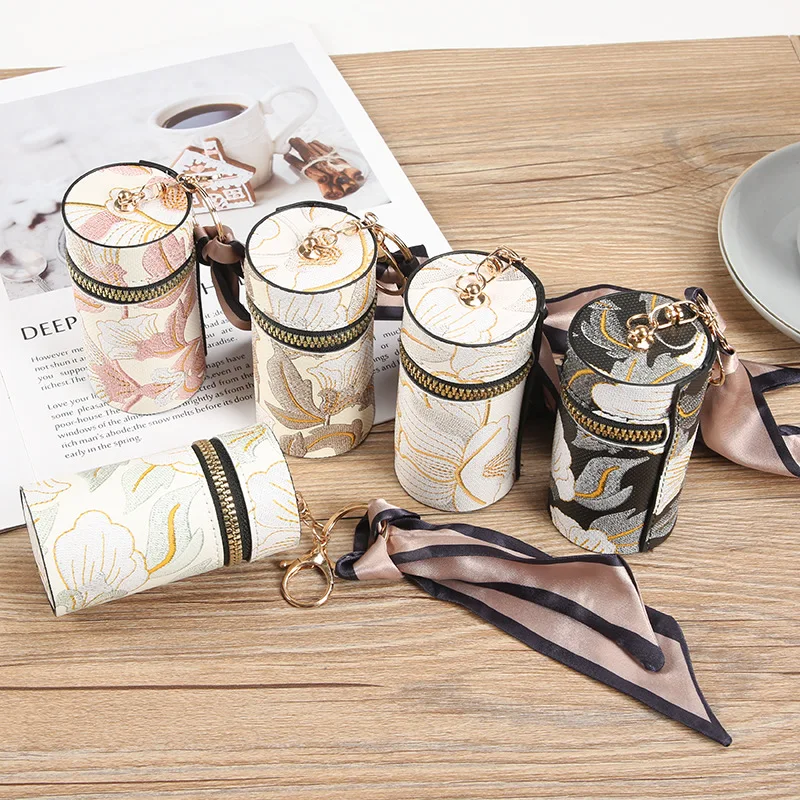 Wholesale Floral Printing Lipstick Holder case with Keychain Mini Coin Purse Small Thing Carry on Storage Bag Elegant Mini Bag