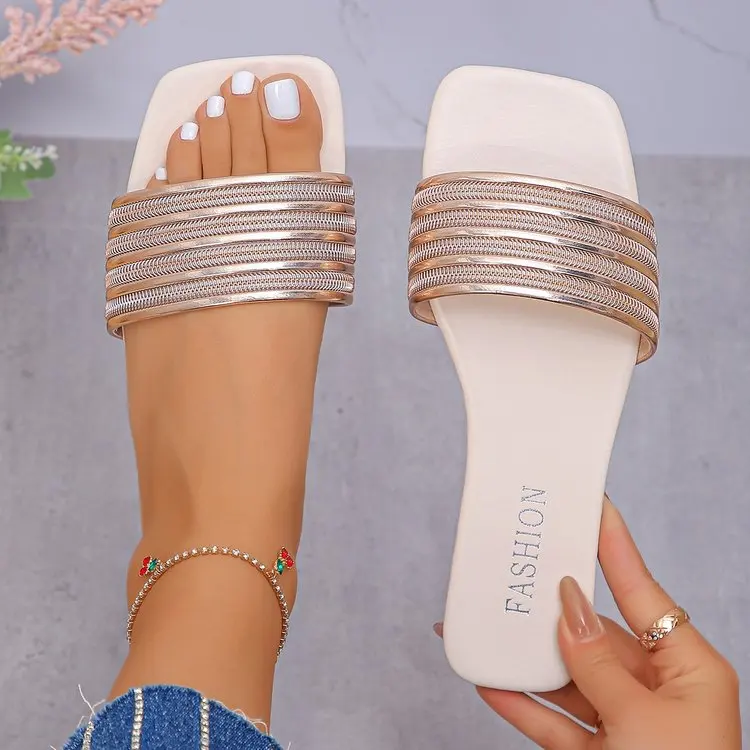 YT Cheap Wholesale Ladies Summer Fashion Flat Sandals Comfortable square Toe Slip on PU Leather Slide Sandals for Women