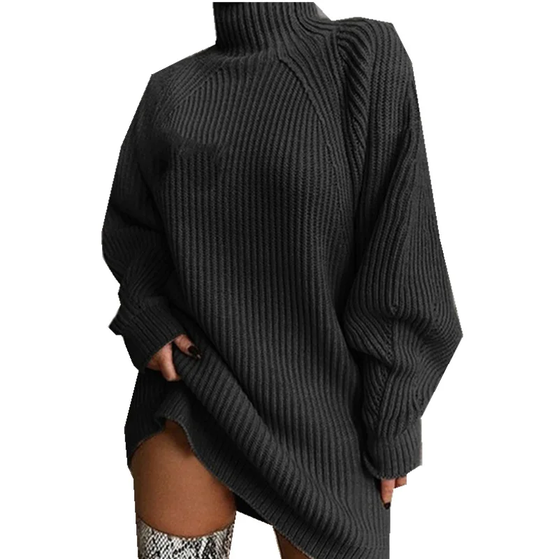 Women Turtleneck Oversize Knitted Dress Autumn Winter Solid Long Sleeve Casual Elegant Sweater Dress Clothes