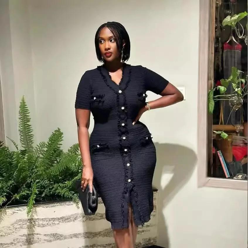 Women's V-neck Short-sleeved Row of Buttons Waisted Temperament Knitted Sweater Dresses