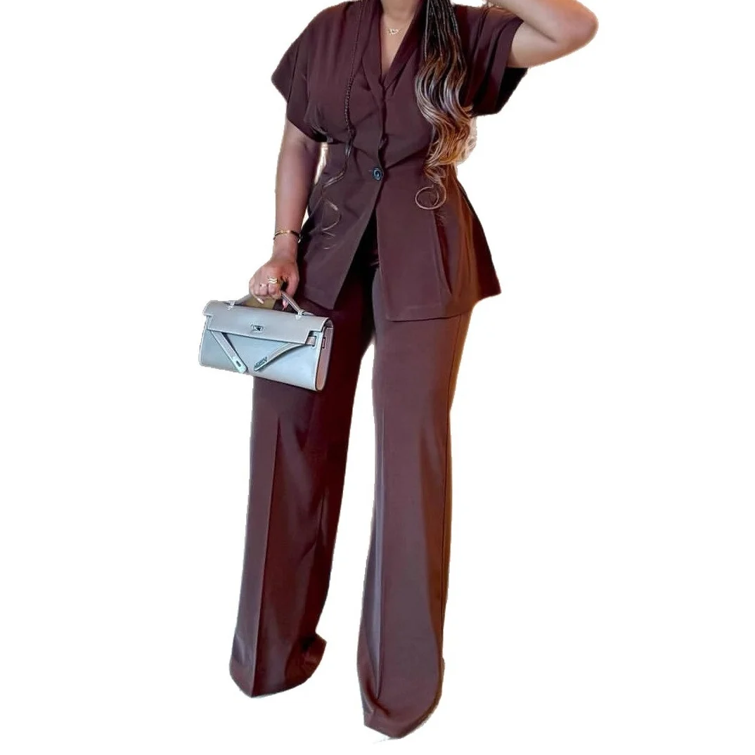 Women's V-Neck Cardigan Short-Sleeve Top & African-Style High-Waisted Wide-Leg Pants 2-Piece Set