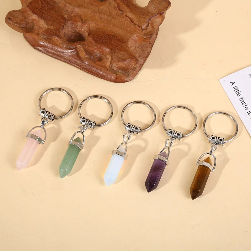 Wholesale Natural Crystals Stone Keychain Hexagonal Crystal Keyring Quartz Pendants Key Chain for Women