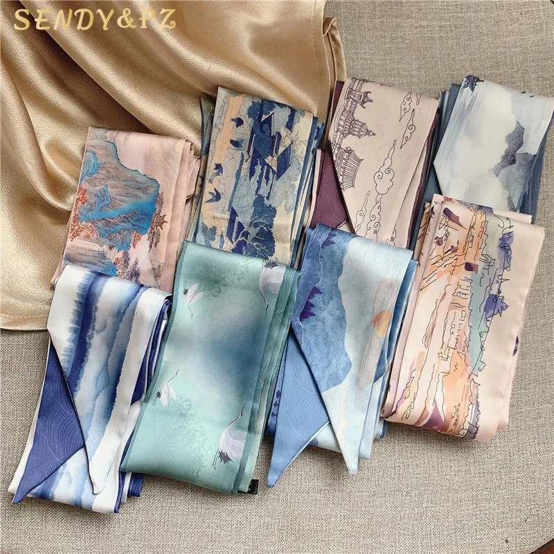 Women Vintage Flowers Inkwash Printing Silk Satin Scarf Long Ribbons Neck Head Scarf Hairbands Wholesale