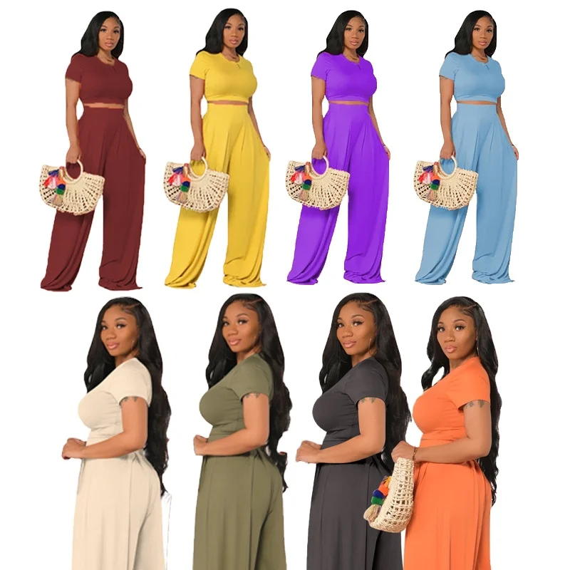 Women's Trendy Two-Piece Casual Wide-Leg Suit Wholesale All-Match Clothing Solid Pattern Ladies Sets